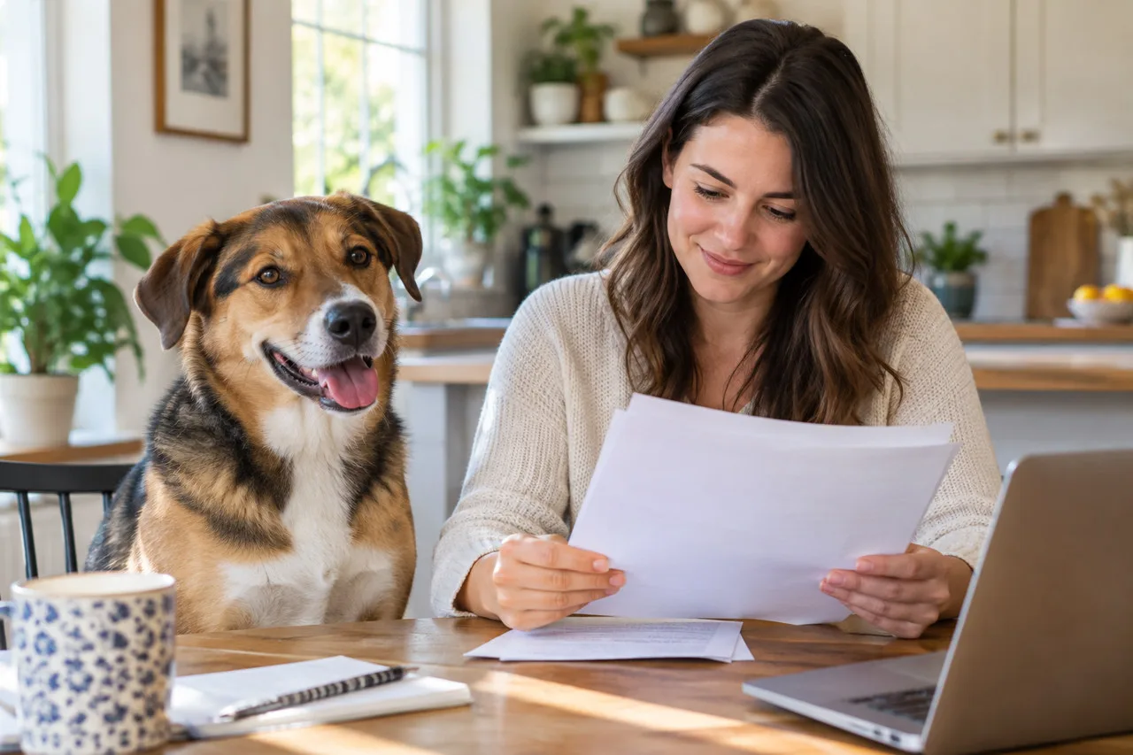 Owner reviewing a document beside a mixed-breed dog at a table