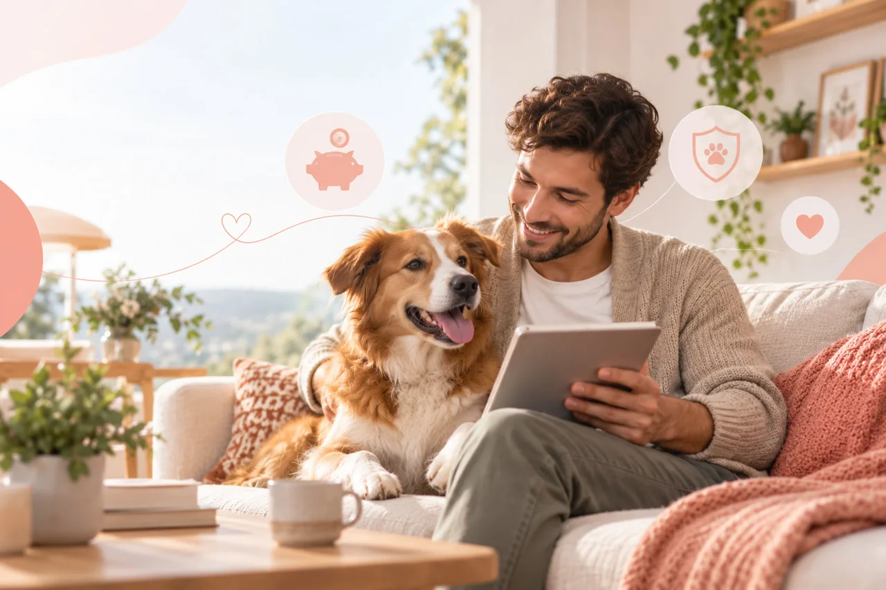 Owner using a tablet beside a dog